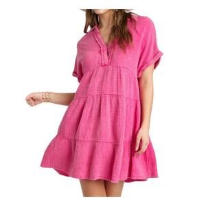 UMGEE Mineral Wash Hot Pink Gauze Tiered Babydoll Dress 1XL Boho Western Cotton